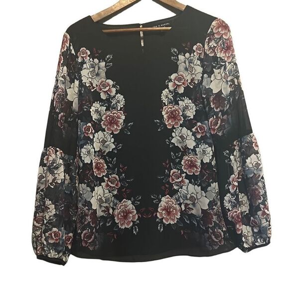 Zac & Rachel Floral Print Blouse Balloon Sleeve Black Womens - Picture 1 of 4